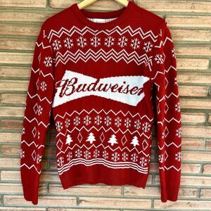 Budweiser Beer Men’s Small Red Ugly Christmas Sweater Snowflake Pullover Knit